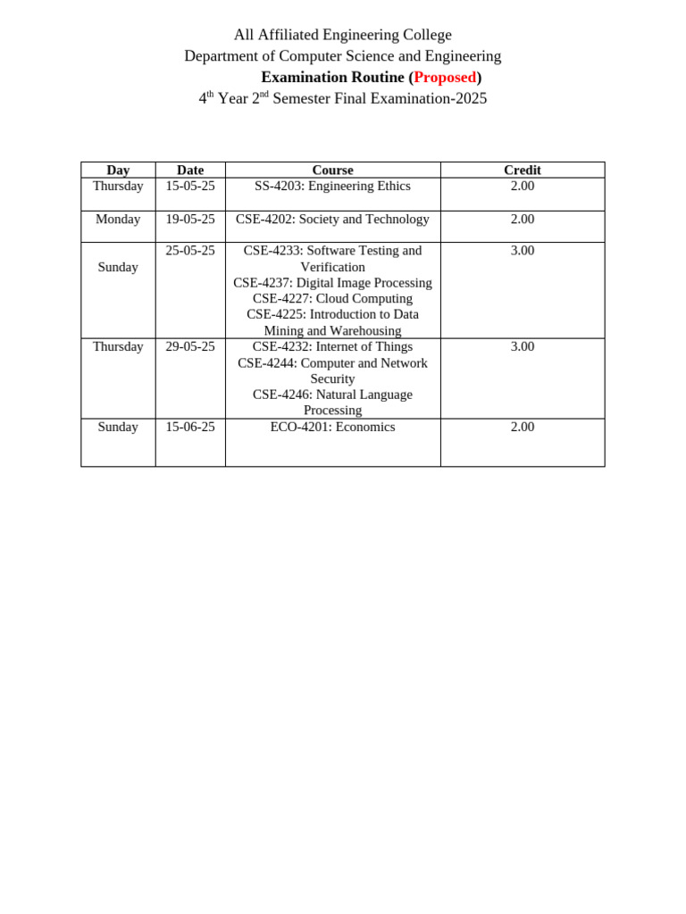 Proposed Exam Schedule for CSE 2025 | PDF