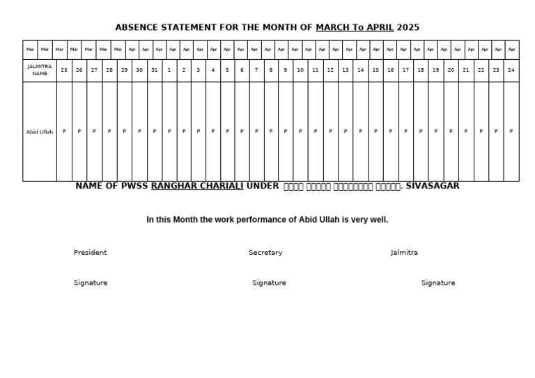 March-April 2025 Absence Statement | PDF