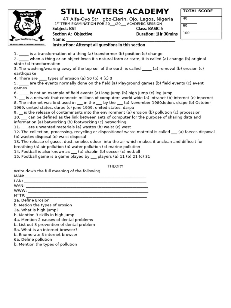 BST Exam Questions for Basic 5 | PDF | Waste Management | Pollution
