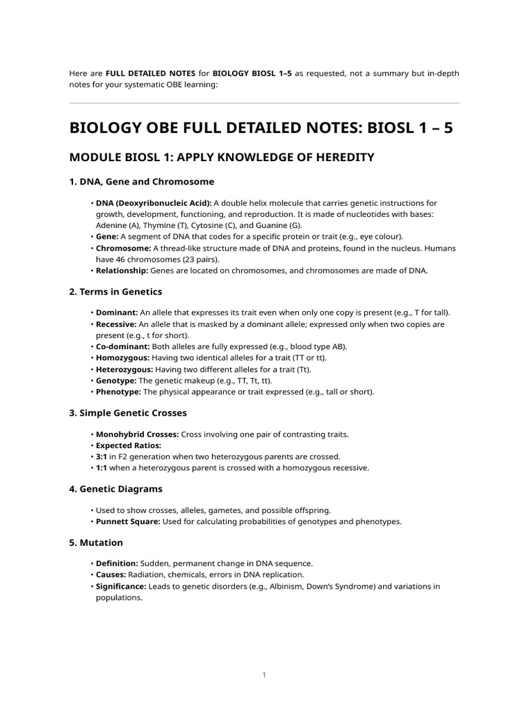 Detailed BIOSL Biology Notes 1-5 | PDF | Dominance (Genetics) | Zygosity