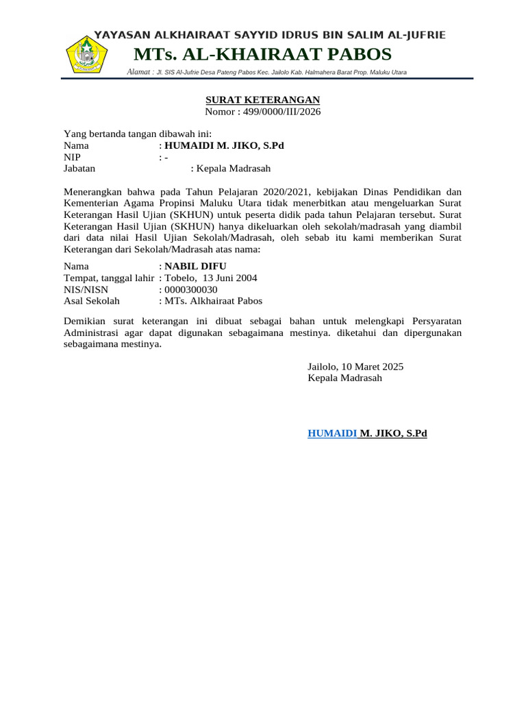 Surat Keterangan SKHUN Madrasah | PDF