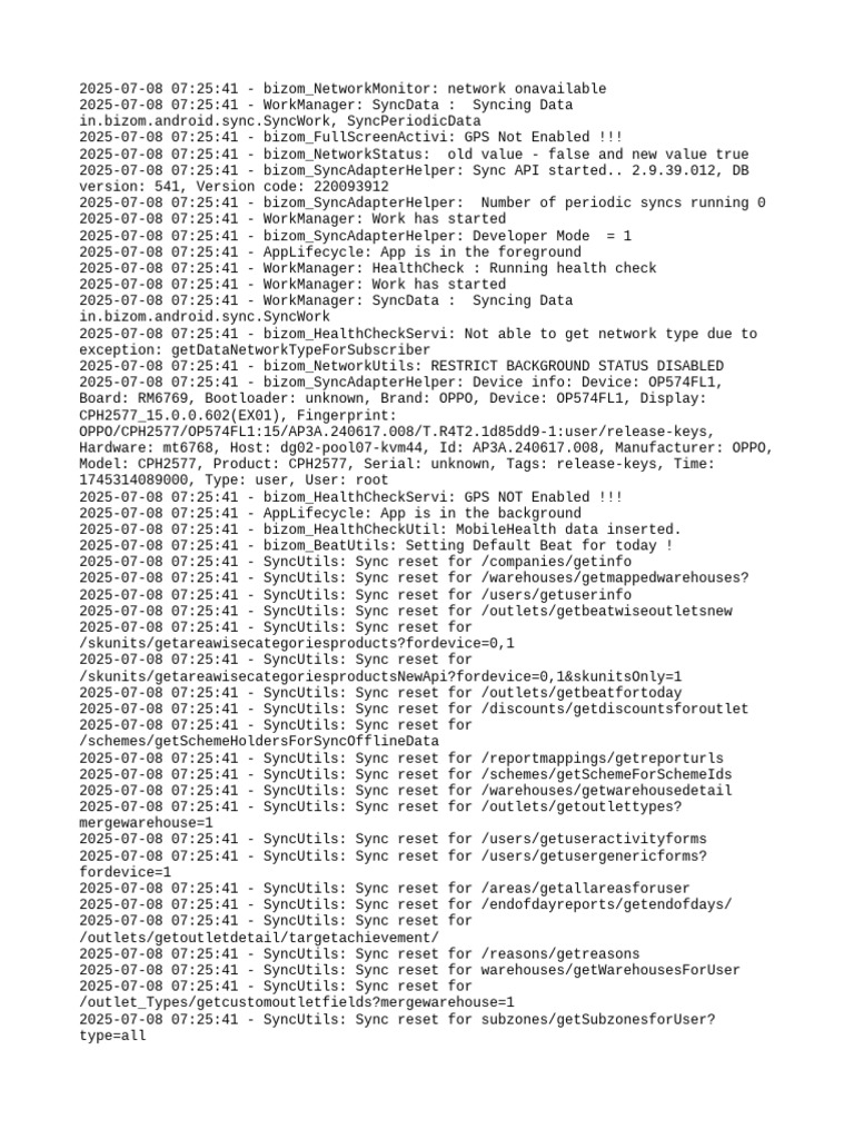 Bizom Network Sync and Health Check Logs | PDF | Computing | Software
