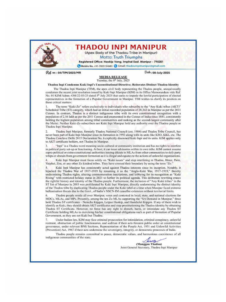 Thadou Inpi Manipur Statement | PDF