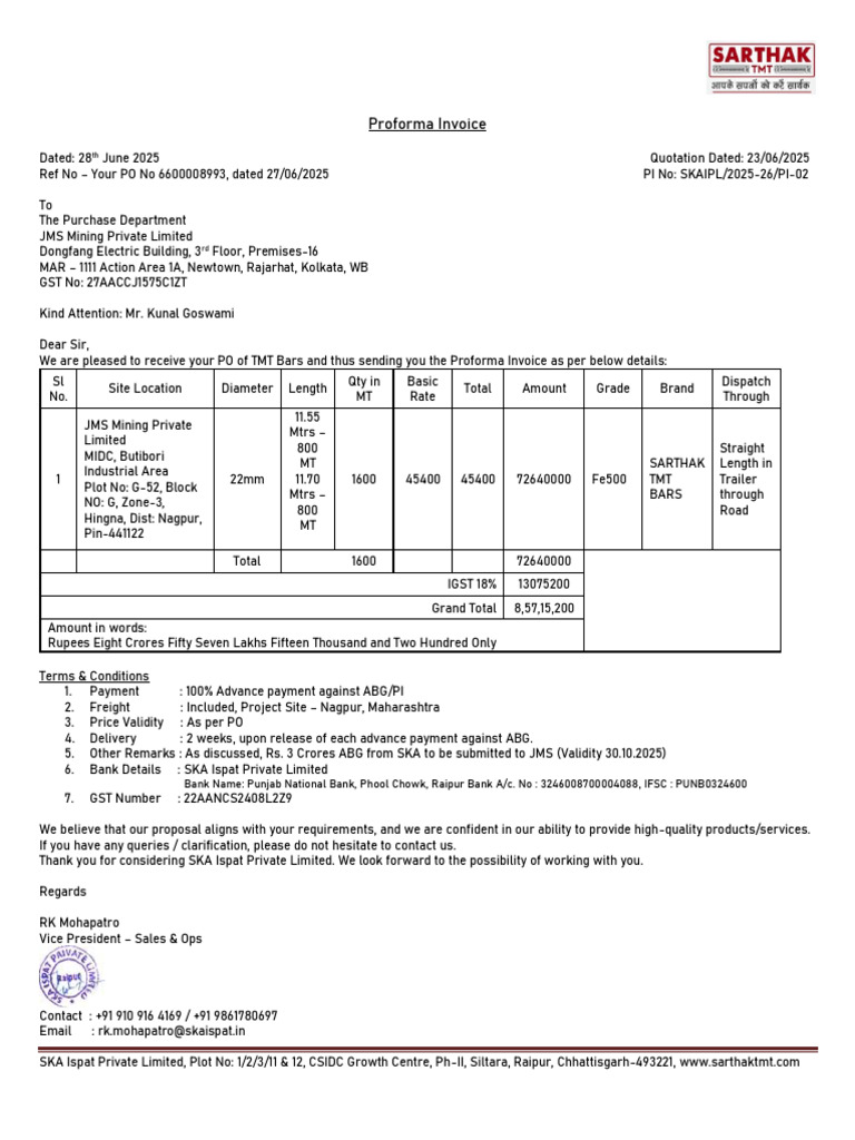 JMS Mining Proforma Invoice Details | PDF | Chess | Chess Theory