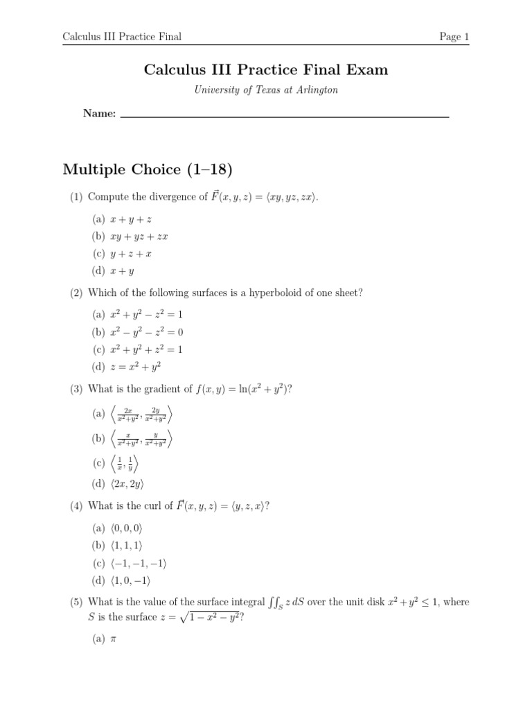CalcIII FinalExam Formatted | PDF | Mathematical Analysis ...