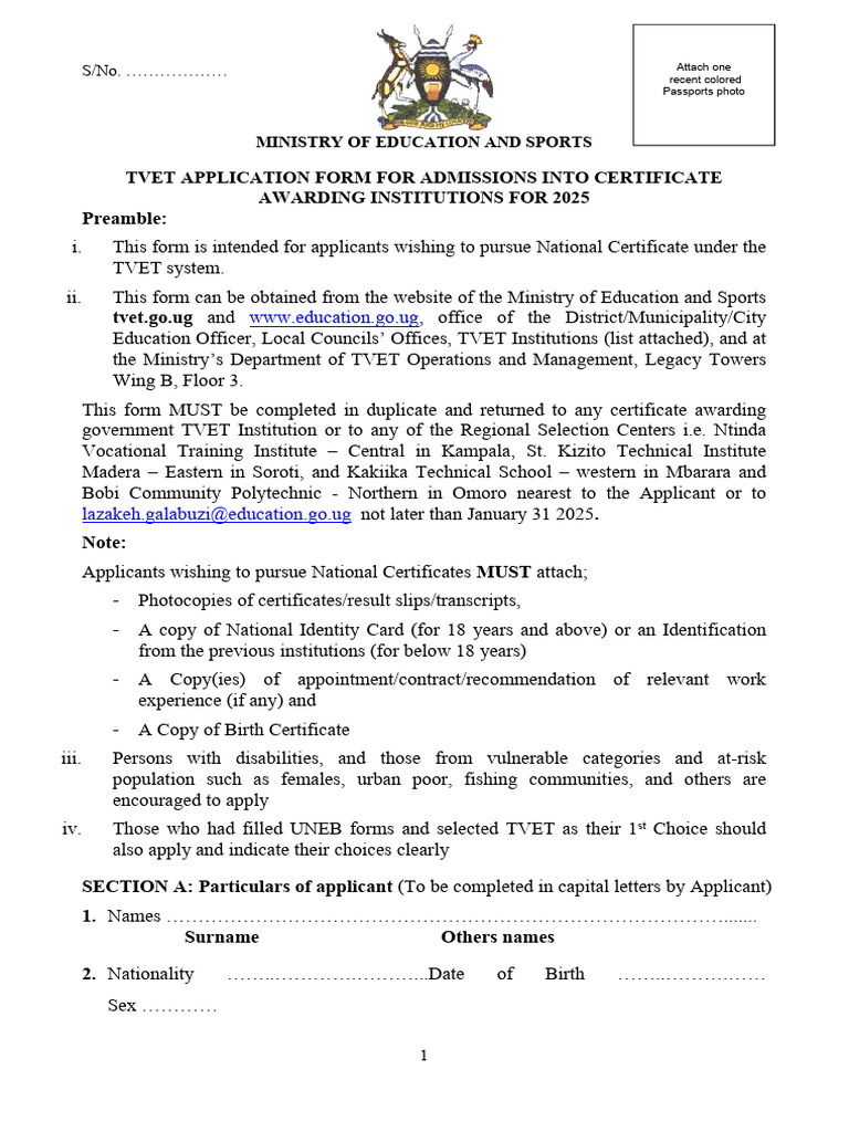 TVET 2025 Admission Application Form | PDF | Identity Document