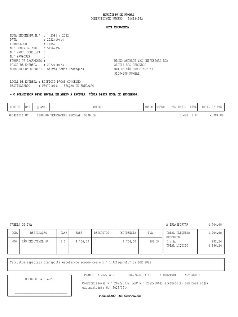 Nota de Encomenda Transporte Escolar | PDF | Impostos | Vendas
