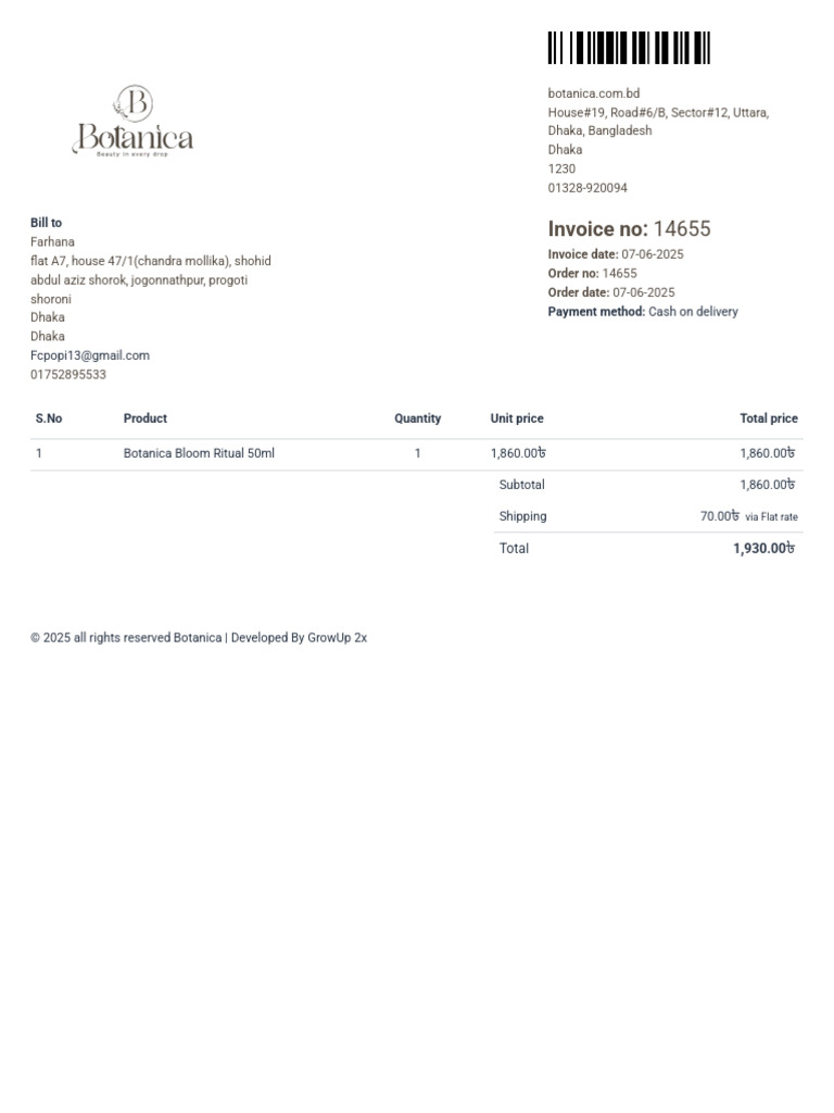 Invoice for Botanica Bloom Ritual Purchase | PDF