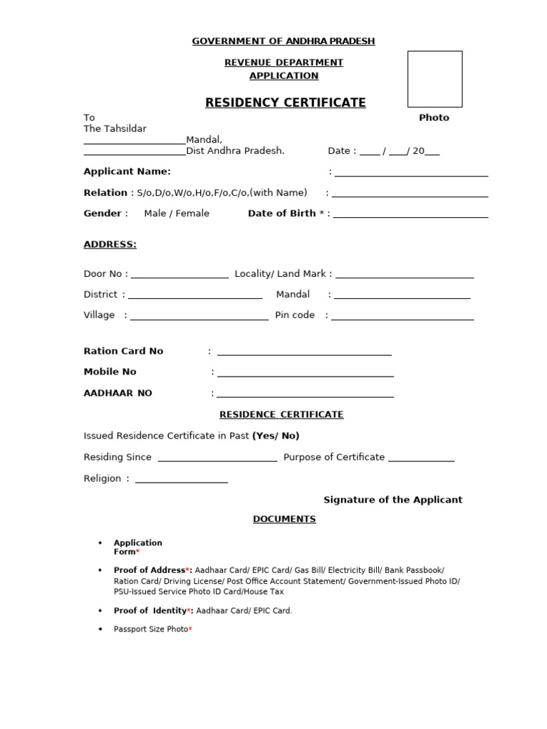 Residency Certificate Application Form | PDF