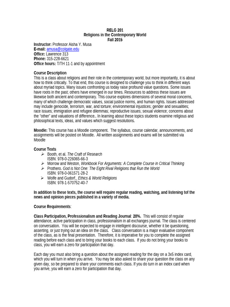 Religions in Contemporary Society: RELG 201 | PDF | Plagiarism | Essays