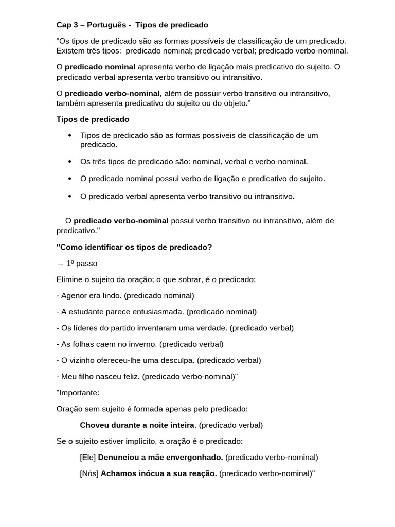 CAP 3 - Português - Tipos de Predicado | PDF | Predicado (gramática ...