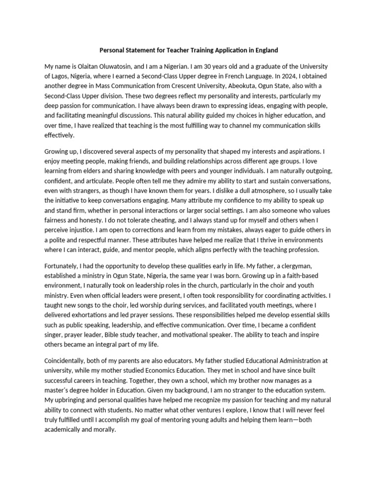 Teacher Training Application Statement | PDF | Teachers | Learning