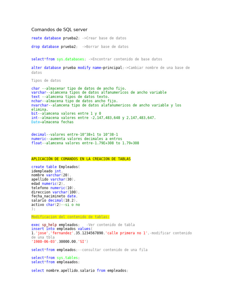 Comandos SQL Server: Creación y Gestión de Bases de Datos | PDF | Bases ...