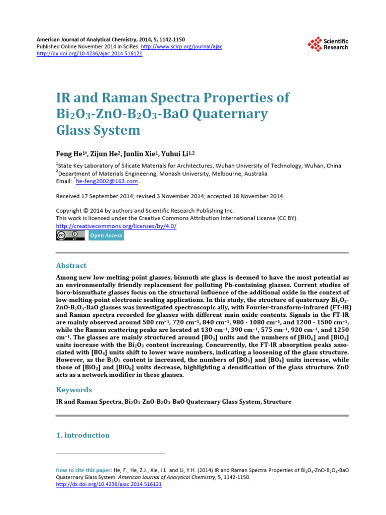 IR and Raman Analysis of Bi2O3-ZnO Glass | PDF | Absorption ...