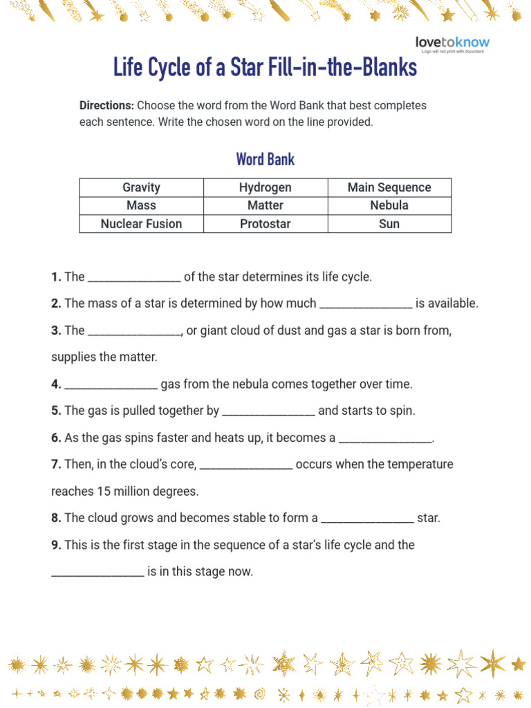 Life Cycle of a Star Worksheet | PDF