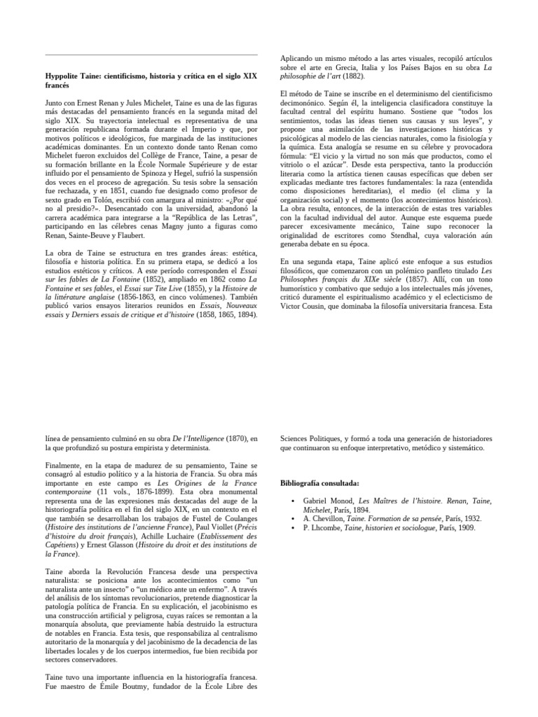 Hyppolite Taine: Cientificismo y Crítica Histórica | PDF