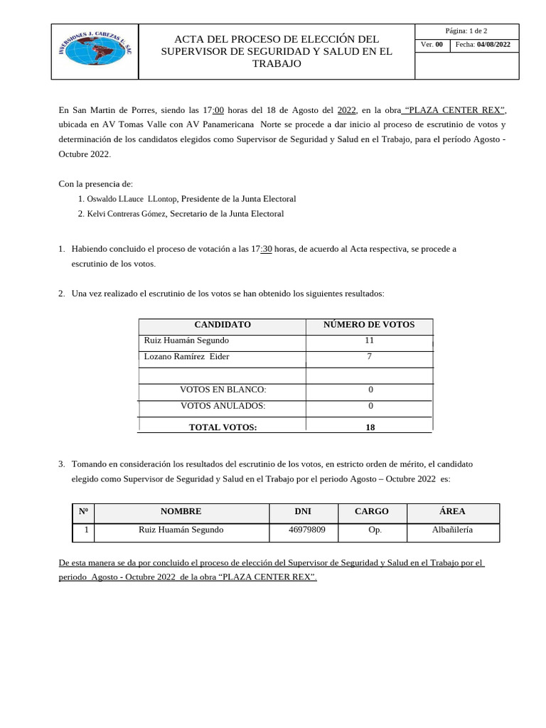 MC-SSMA-E004-FR13 Acta Proceso Elección de Supervisor Ver.00 | PDF ...