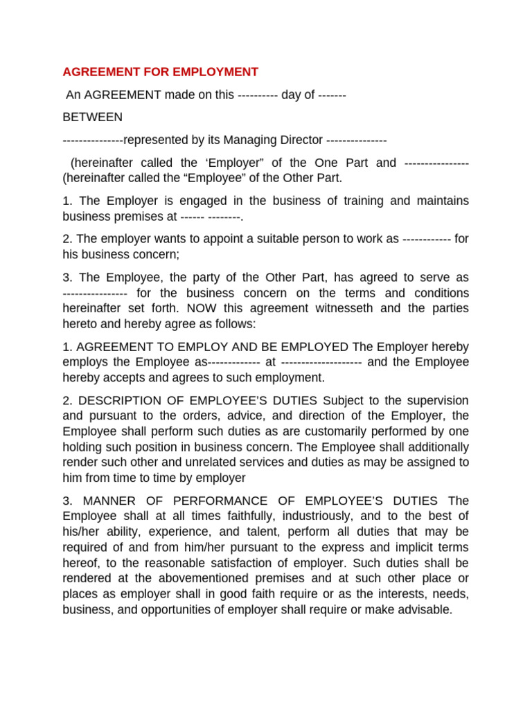 Employment Agreement Template | PDF | Employment | Arbitration