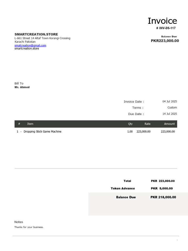 Invoice for Dropping Stick Game Machine | PDF