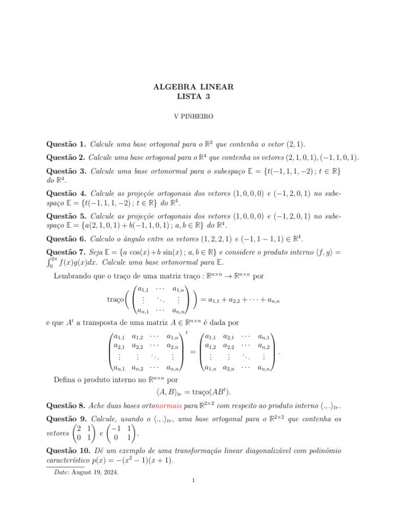 Bases Ortogonais e Projeções em R² e R⁴ | PDF | Ortogonalidade ...