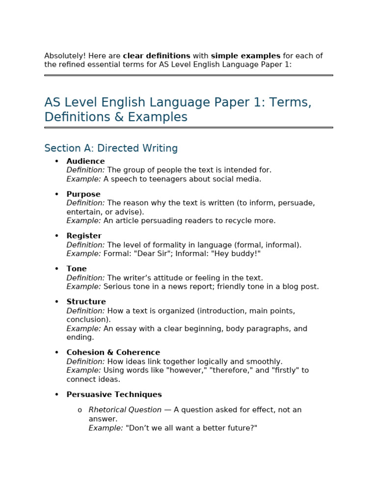 AS Level English Language Key Terms Guide | PDF | Essays | Narration
