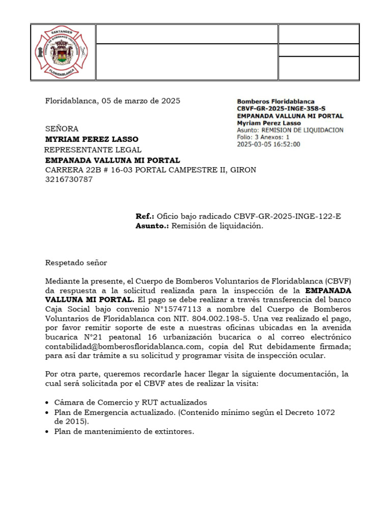 Remisión de Liquidación CBVF 2025 | PDF