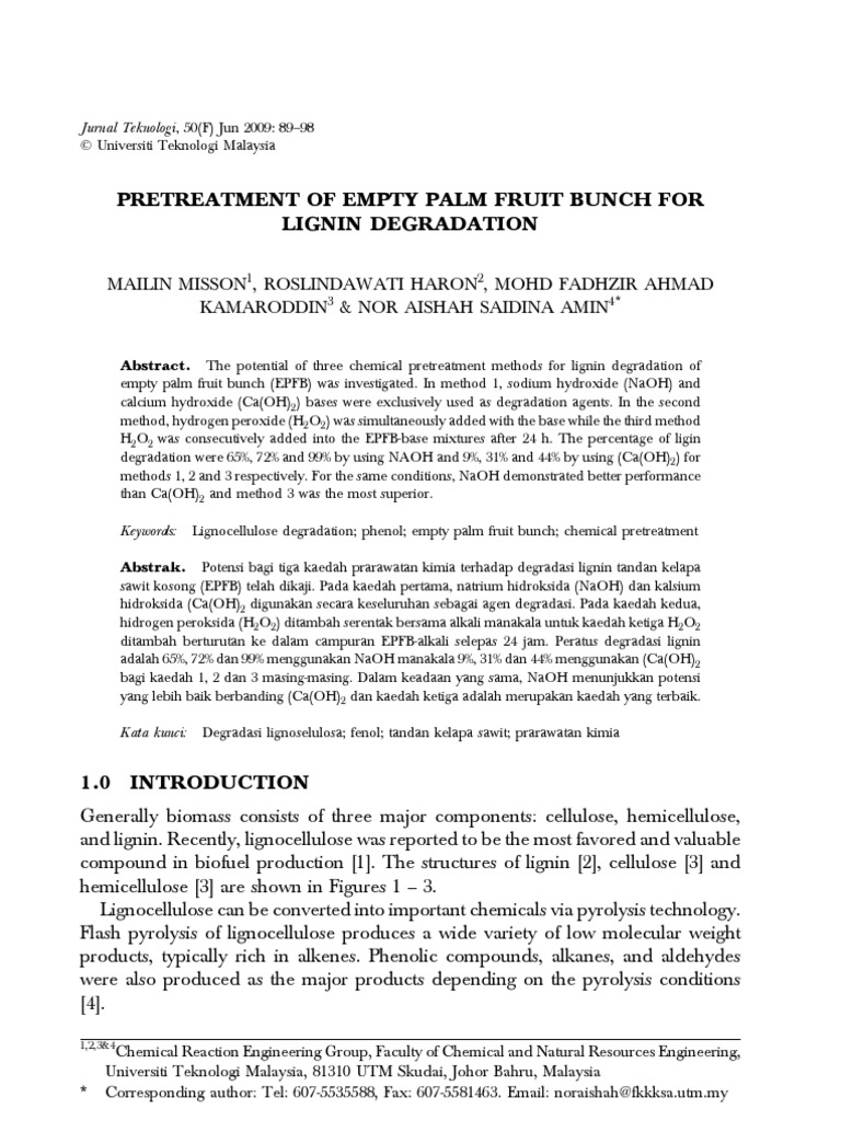 Pretreatment of Empty Palm Fruit Bunch For Lignin Degradation | PDF ...