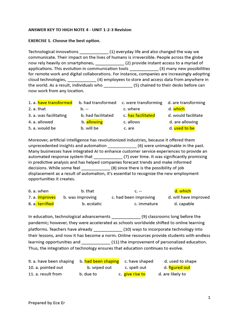 Answer Key To High Note 4 - Unit 1-2-3 Revision EXERCISE 1. Choose The ...