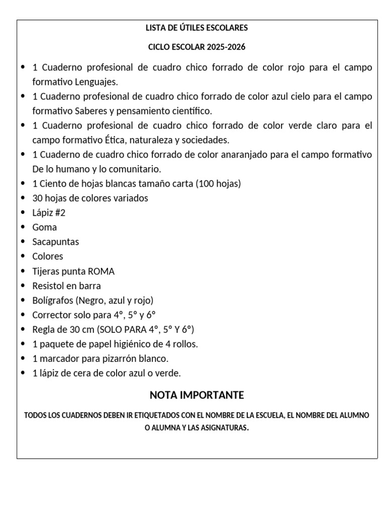 Útiles Escolares 2025-2026 Segundo Grado | PDF