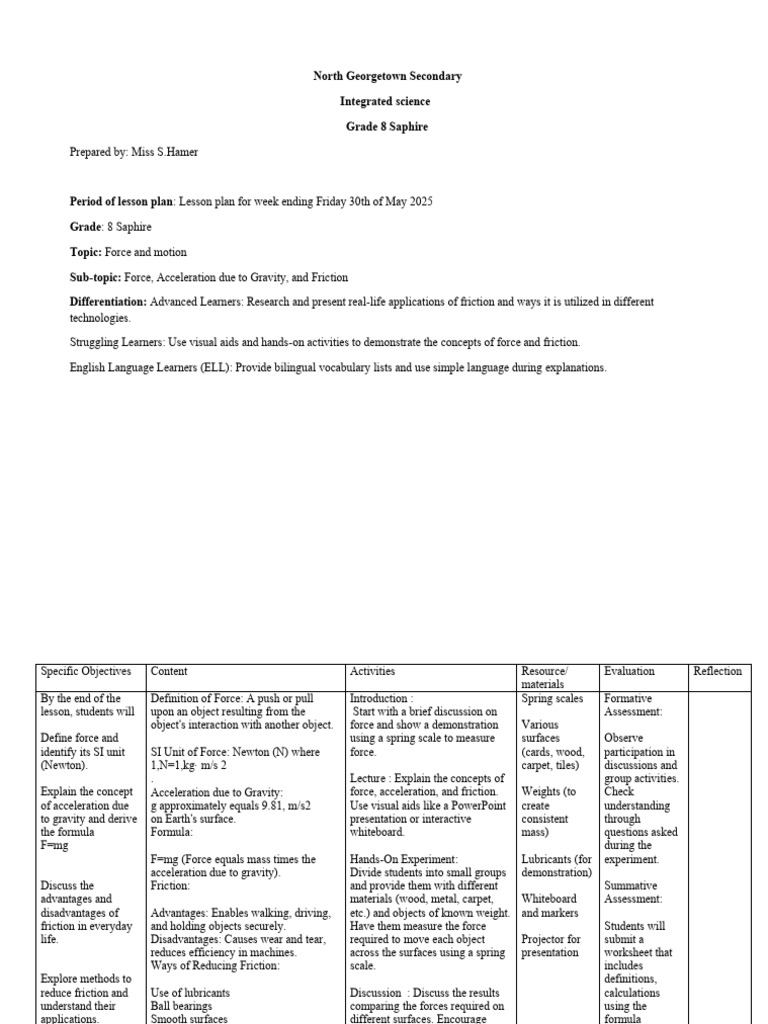 Grade 8 Science: Force & Motion Lesson Plan | PDF | Force | Friction