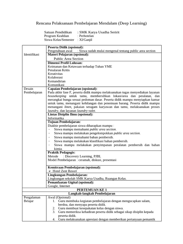 RPP Deep Learning untuk Public Area SMK | PDF