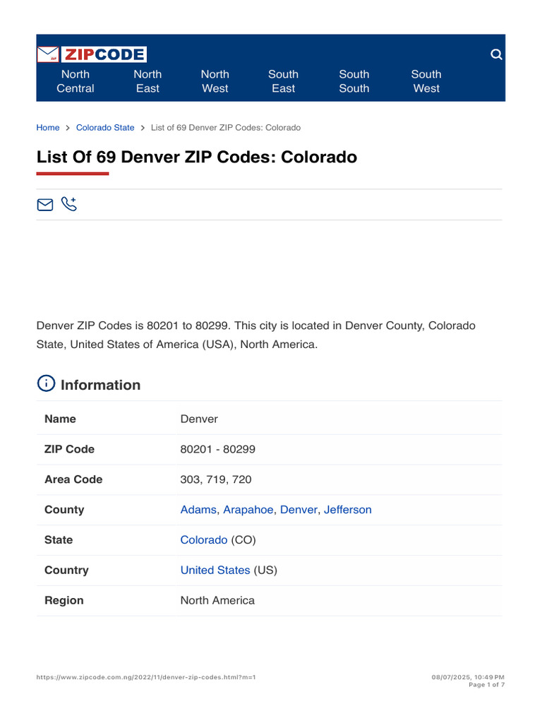 List of 69 Denver ZIP Codes - Colorado - ZIPCODE | PDF | Denver ...
