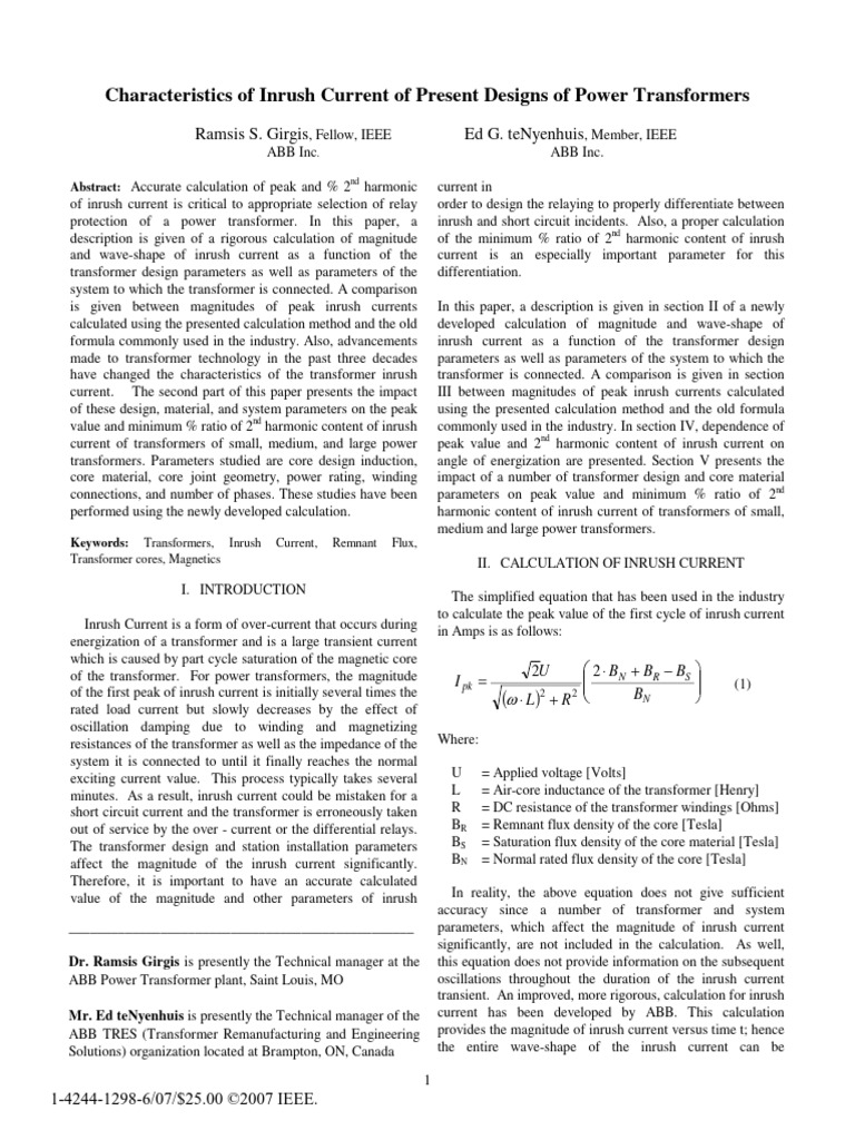 Inrush Current Characteristics in Transformers | PDF | Transformer ...