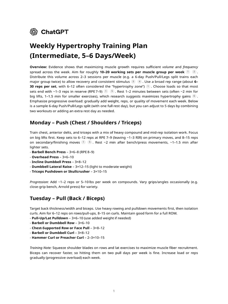 Weekly Intermediate Hypertrophy Plan | PDF | Muscle Hypertrophy ...