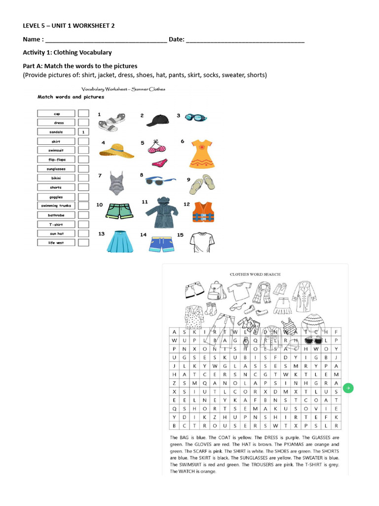 Level 5 Unit 1 Worksheet 2 1 | PDF | Clothing | Linguistics