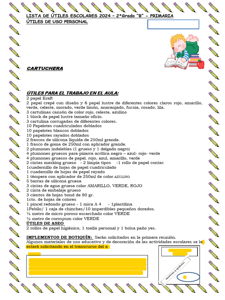 15 - Eli Herrera - Lista de Utiles 2do Grado - B - 2024 | PDF | Color ...