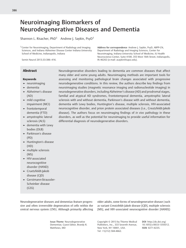 Neuroimaging Biomarkers of Neurodegenerative Diseases and Dementia ...