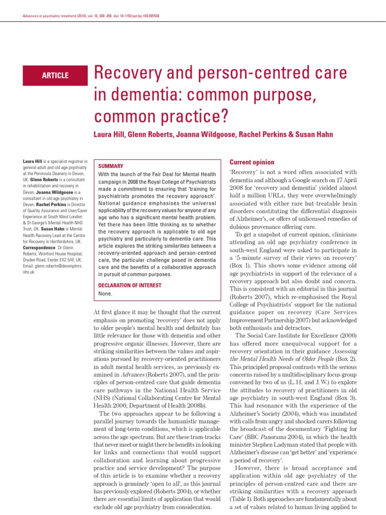 Recovery and Person-Centred Care in Dementia: Common Purpose, Common ...