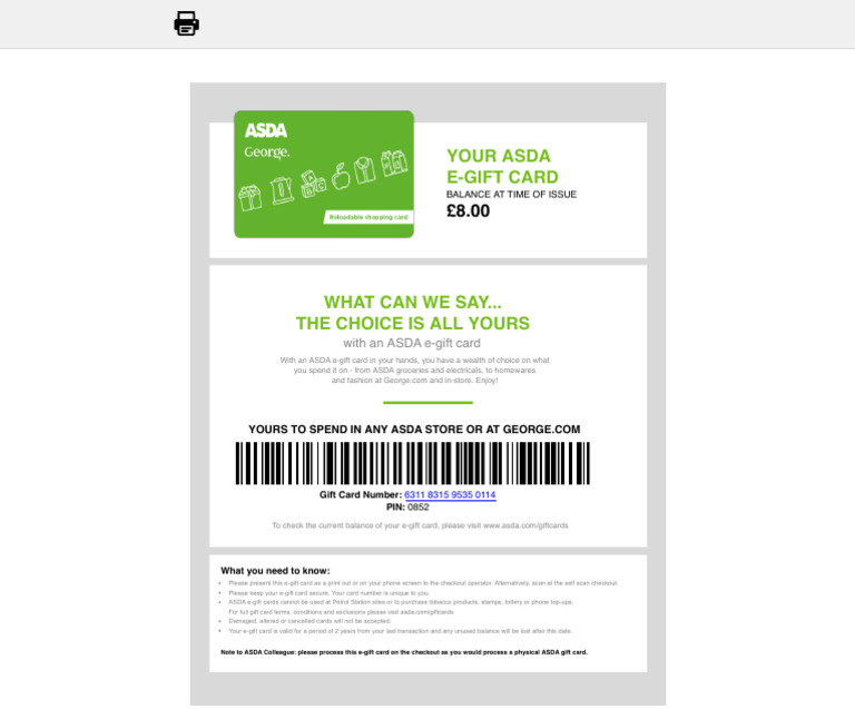 ASDA E-Gift Card Usage and Balance Guide