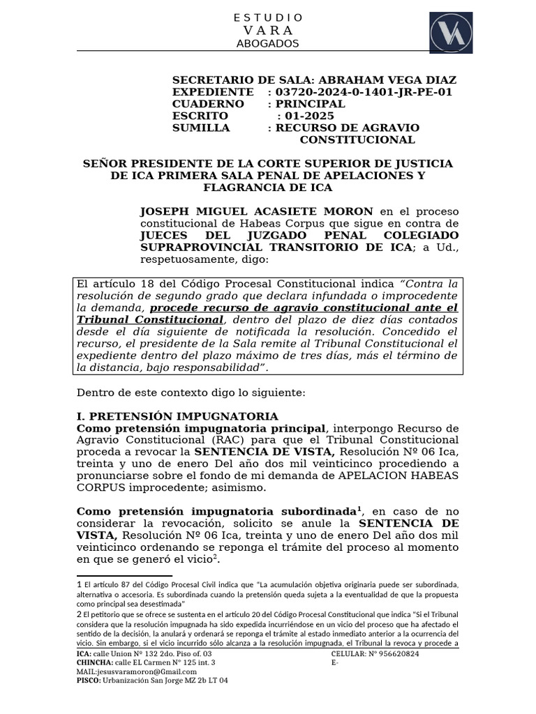 Recurso de Agravio Constitucional en Ica | PDF | Habeas corpus | Debido ...