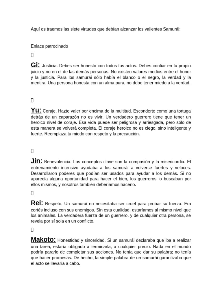 Siete Virtudes del Bushido Samurai | PDF | Valor