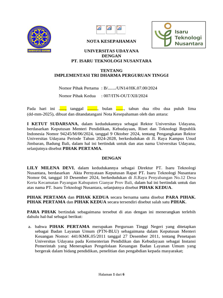 Format Draft Mou Pihak Unud Dan PT Isaru | PDF