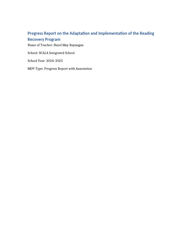 Reading Recovery Program Progress Report | PDF