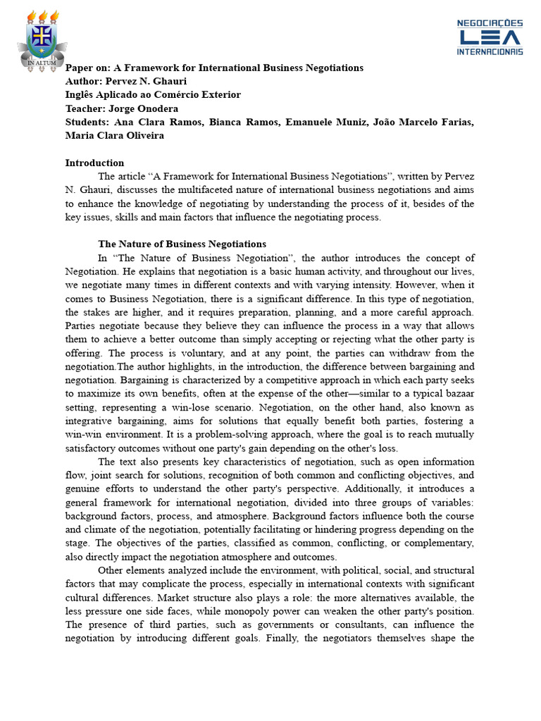 A Framework For International Business Negotiations - English Paper-1 ...