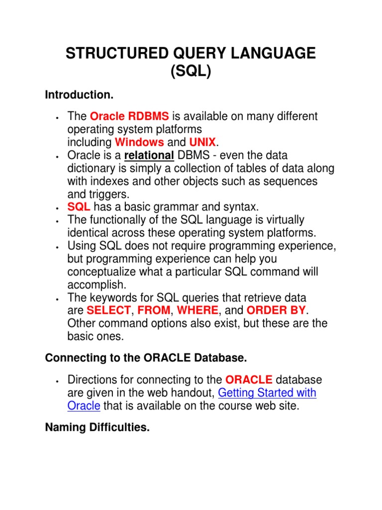 Structured Query Language | PDF | Sql | Oracle Database