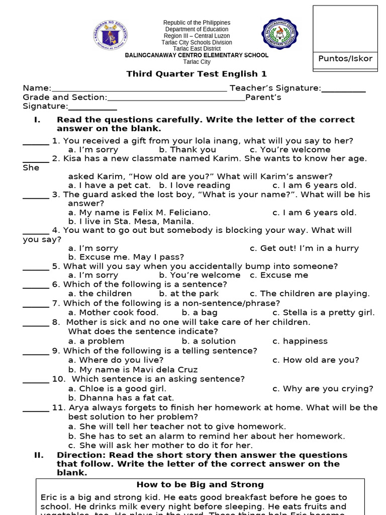 3rd Quarter Test English - 23'24 | PDF