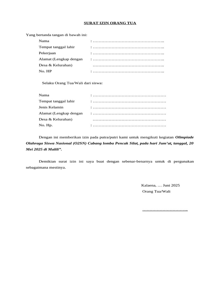 Surat Izin Orang Tua untuk O2SN 2025 | PDF