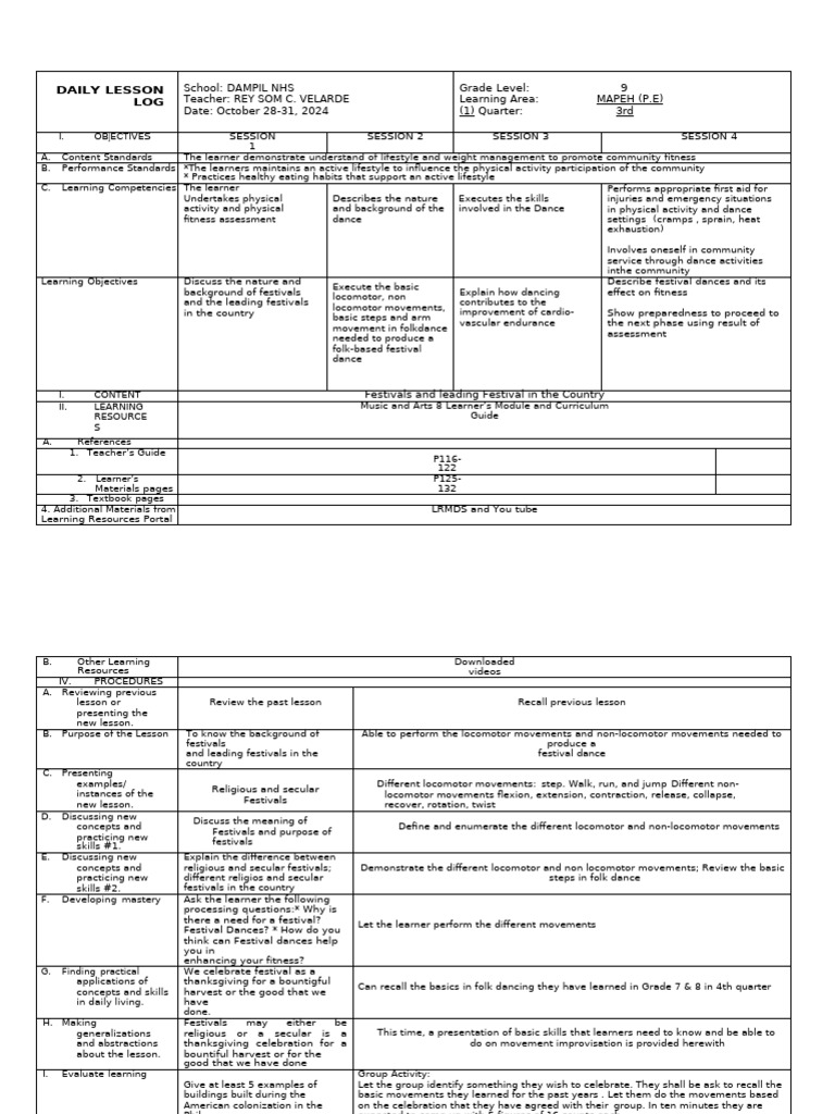 MAPEH Grade 9 Daily Lesson Plan | PDF | Physical Fitness | Learning
