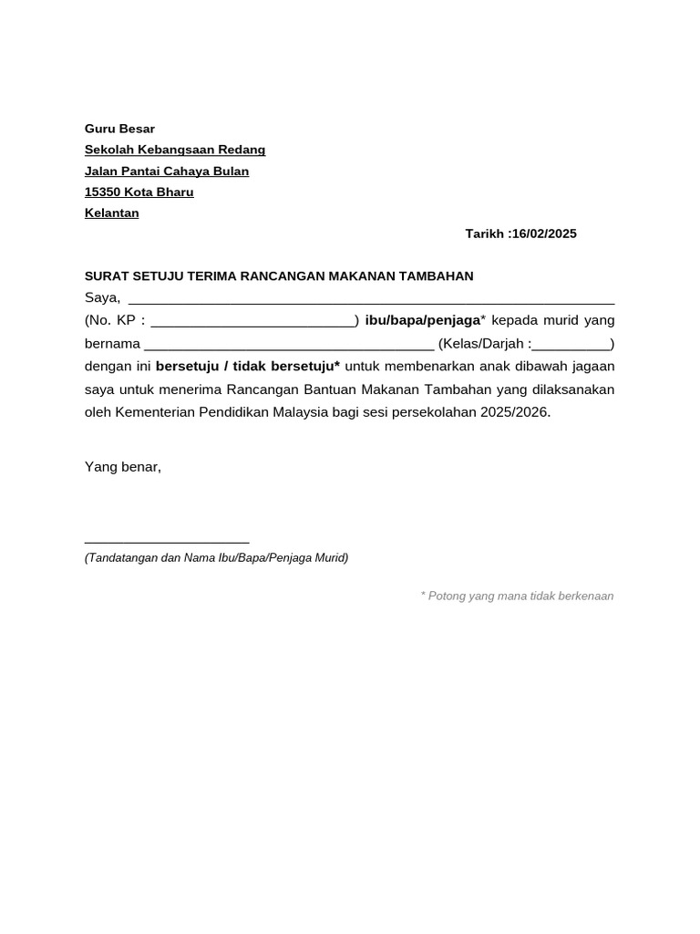 Surat Setuju Terima RMT | PDF