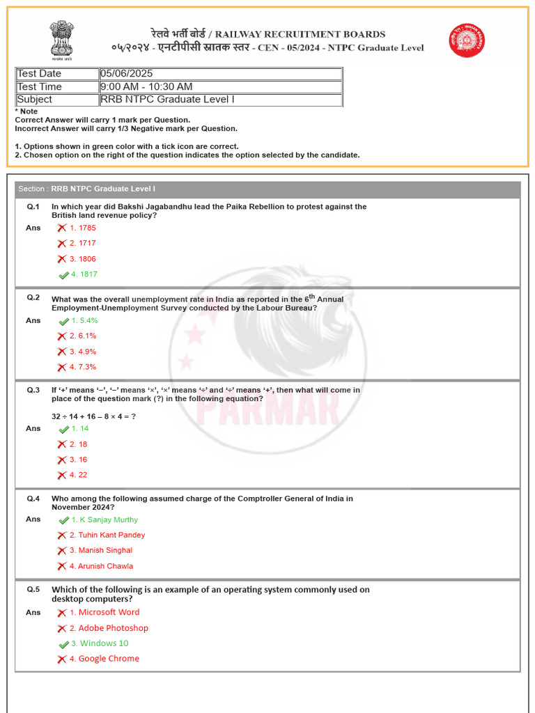 RRB NTPC CBT01 Answer Key English | PDF | Jurisdiction | Computer Data ...